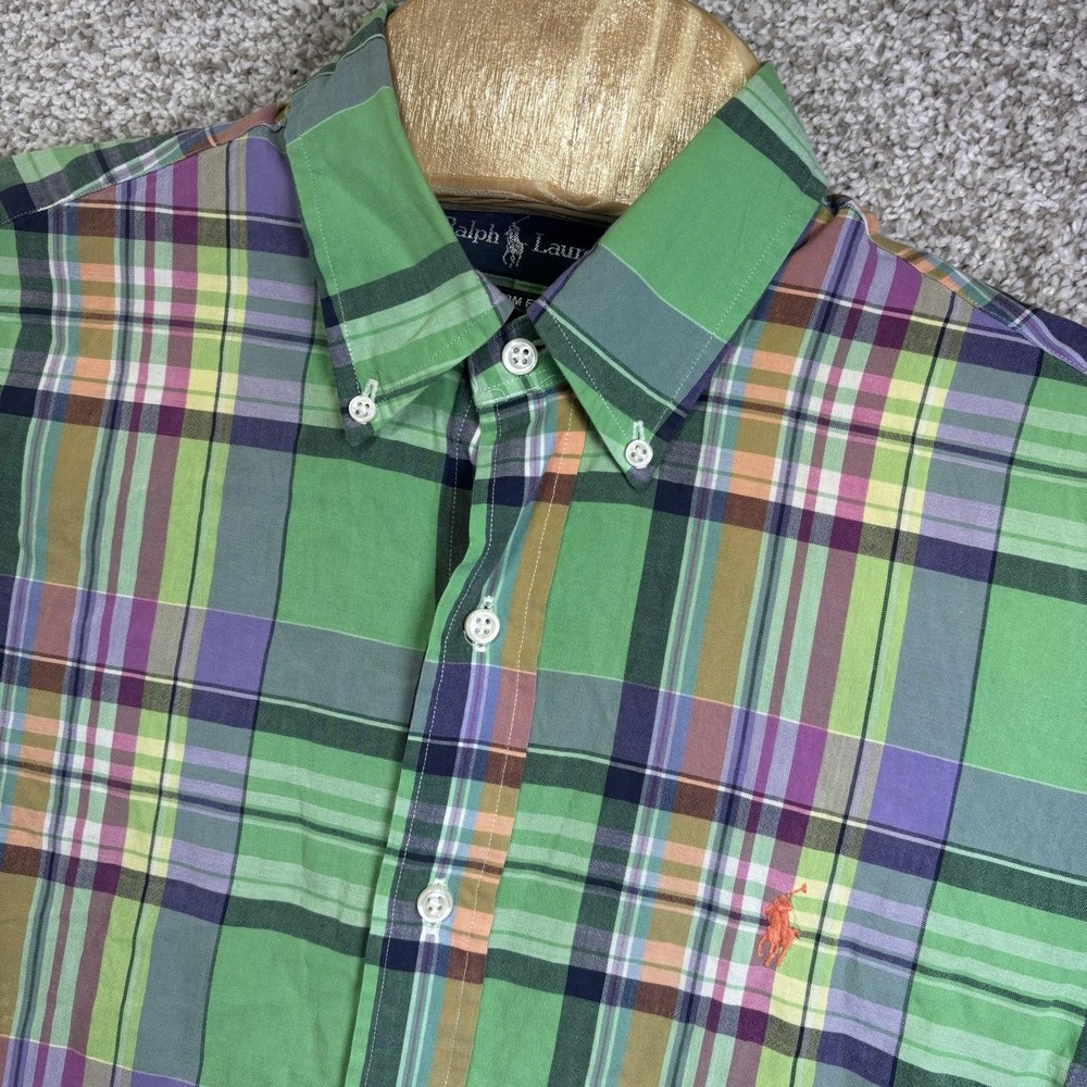 Ralph Lauren Shirt Mens Medium Green Plaid Long Sleeve Custom Fit Button Down